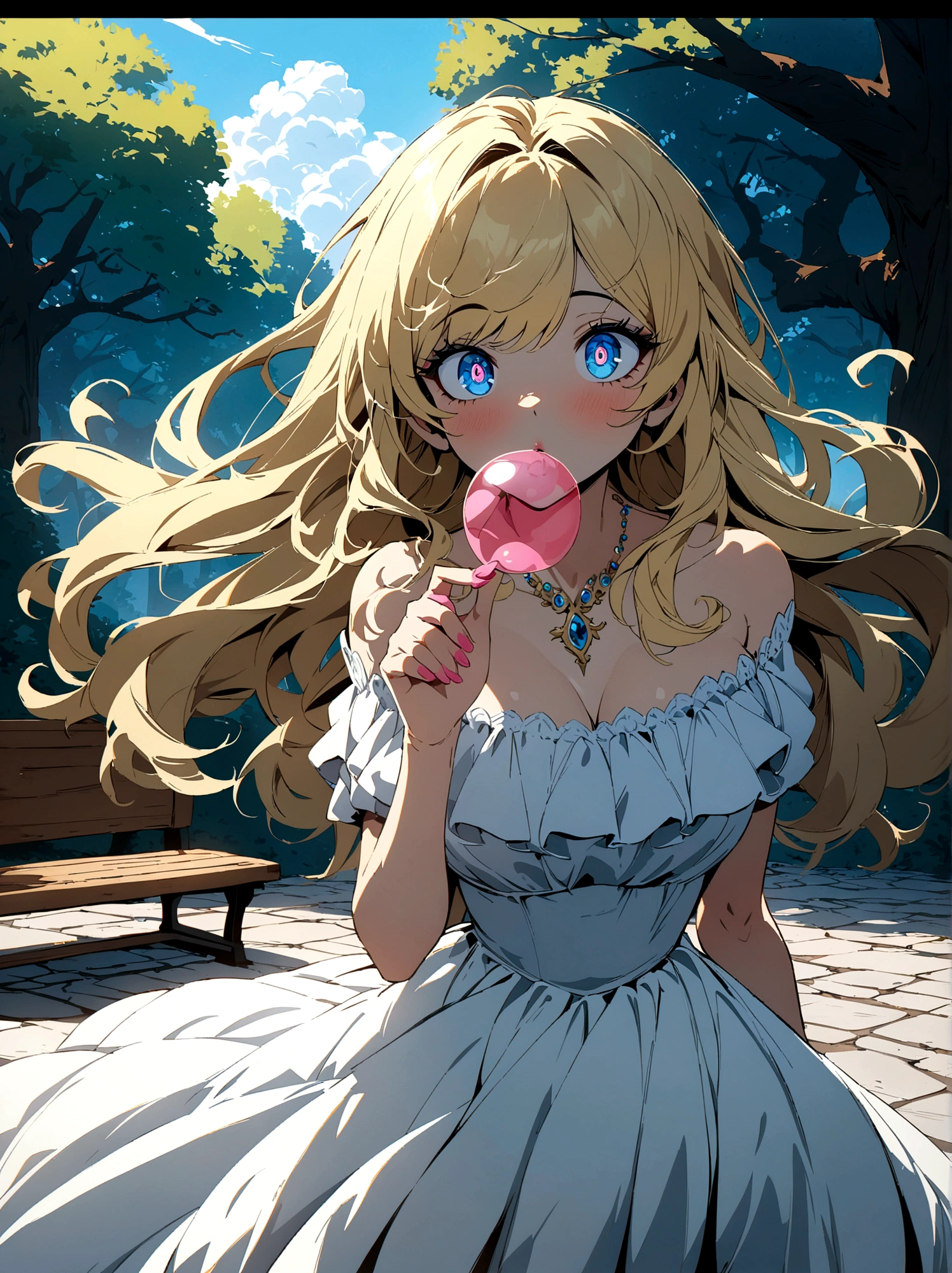 Anime art style, Spoiled brat, blond hair, perfect hair, blue eyes, chic and expensive clothes, magnificent white dress, blowing pink gum, look of superiority, daddy's girl park background, stone floor, wooden bench, large trees, hair floating in the wind, majestic make up, majestic face, highres, ultra-detailed, (best quality,4k,highres,masterpiece),subdued colors, vivid colors, professional lighting, detailed lips, detailed eyes.