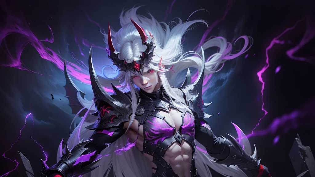 White-haired boy, long hair, red eyes, demon