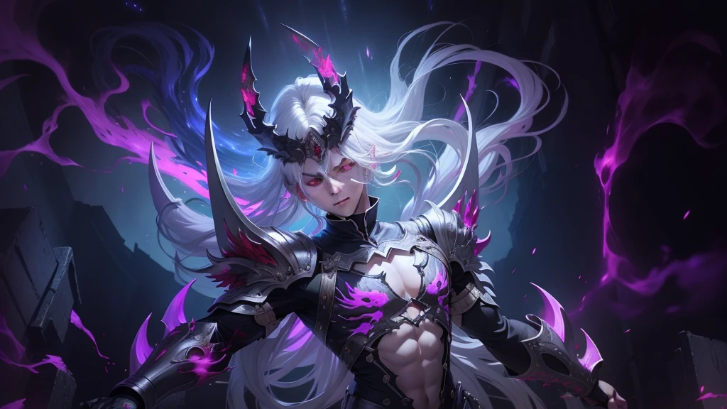 White-haired boy, long hair, red eyes, demon