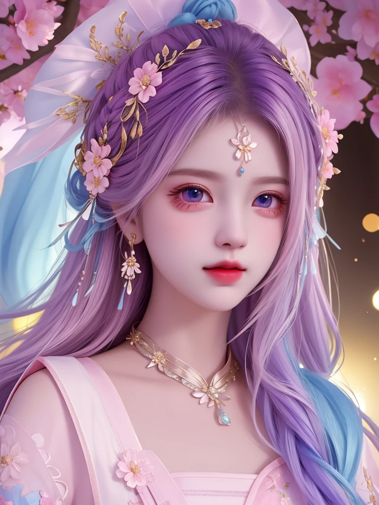 best quality, masterpiece, High target, There is a girl with a basket of flowers on her head, beautiful clothes, Hair Decorationss, necklace, Decorations, Pretty Face, When the body, Tyndall effect, Realistic Portraits, Edge lighting, Two-color light, (Very delicate skin:1.2), 8K uhd, Digital SLR Camera, Soft Light, high quality, Volumetric Lighting, Honest, photo, high resolution, 4K, 8K, Bokeh, Cyan hair,purple hair ends, Pink Eyes.
