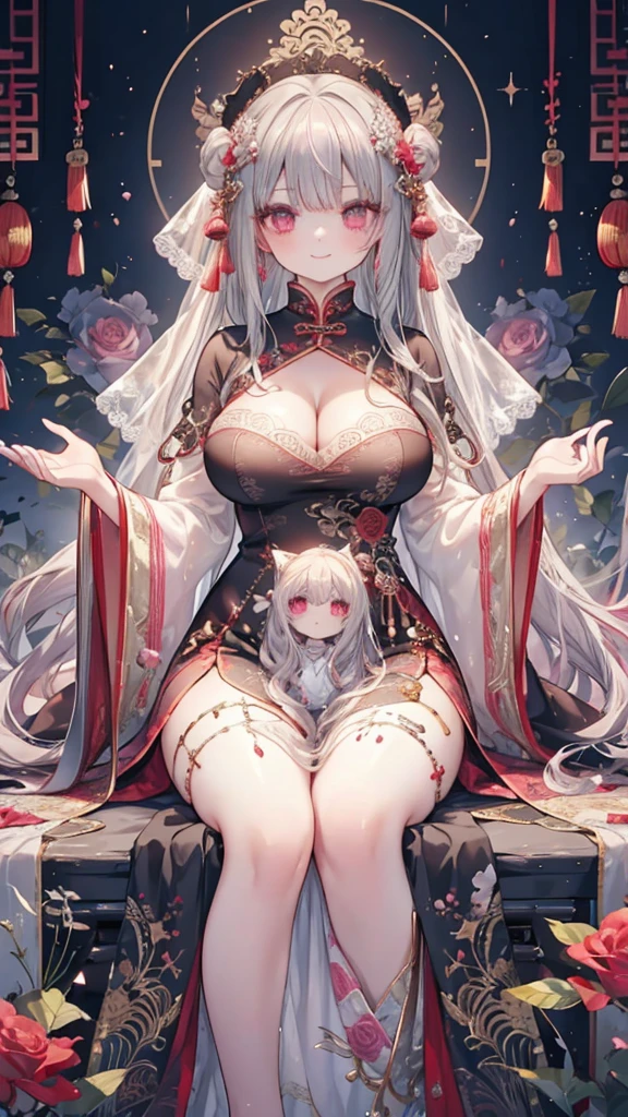 1 girl、Big Tits、Cleavage、bra、Red Chinese dress with lots of frills、Palaces in Chinese fantasy、Ribbons and lace、A glittering world、Gray Hair、Fluffy and soft long hair、Rose Quartz Eyes、Lace veil、Chinese clothing studded with jewels、smile
