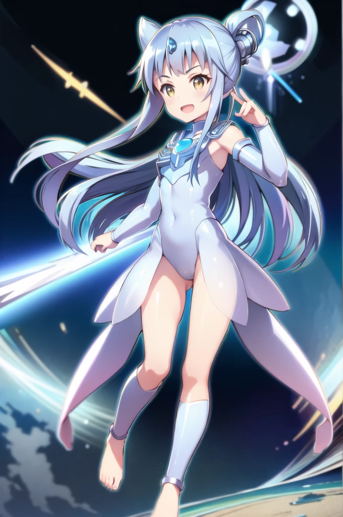 1girl, solo, anime style, 4k quality, masterpiece, best quality, ultra series, sword art online, ****ta, cat girl, yui, long hair, blunt bangs, white hair, very long hair, high ponytail, cat ears, cat tail, barefoot, ultragirl, robot, bodysuit, colored skin, glowing eyes, yellow eyes, flat chest, giantess, giant, metallic face, metallic skin, shiny skin, chrome skin, gem on chest, colour timer on chest, chest jewel, blue jewel, muscular, abs, muscular female, Female Bodybuilding Style, ultra beam ( a cross-shape or an L-shape with your arms and firing a beam from your upright arm), thick_thighs, looking at viewer, full body, smile face, open mouth, standing, giantess, outdoor, city, citycape, skyscraper