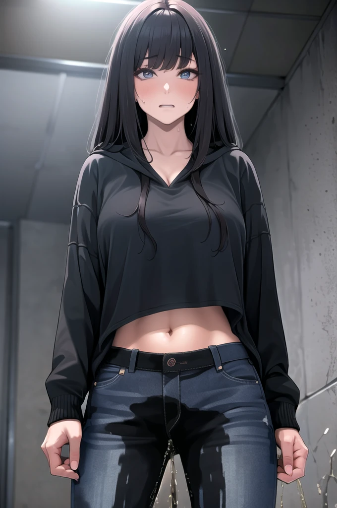 woman, very long hair, very black hair, (bangs:1.5), stylish hoodie, jeans, navel, cleavage, (wetting herself:1.5), (standing:1.5), huge pee stain, (best quality,4k,8k,highres,masterpiece:1.2), ultra-detailed, extremely detailed body, extremely detailed eyes, extremely detailed wet clothing, ultra-fine painting, vivid colors, dramatic lighting, cinematic