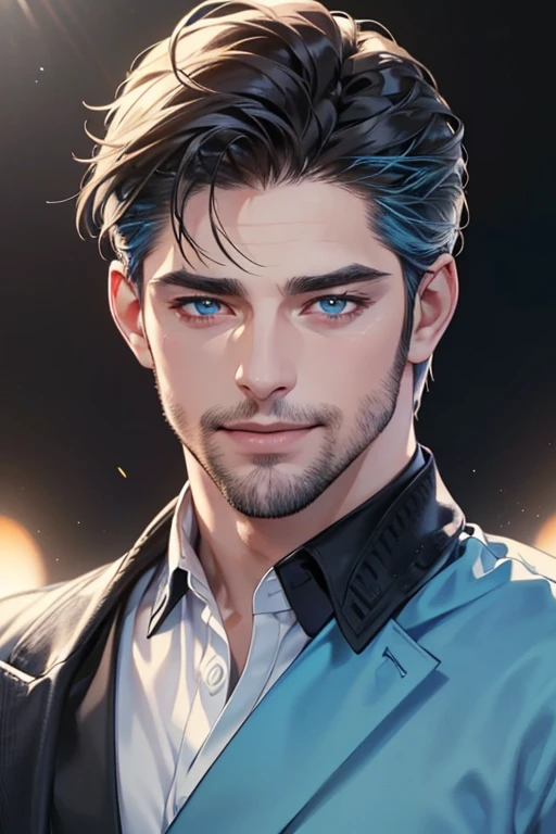 a handsome 35 year old man, 3 day beard, dark hair, sharp jawline, (mesmerizing blue eyes), perfectly styled hair, wearing cool anime outfitt, dynamic lighting, (CEO), (expression, smile in love), (best quality,4k,8k,highres,masterpiece:1.2),ultra-detailed,(realistic,photorealistic,photo-realistic:1.37)