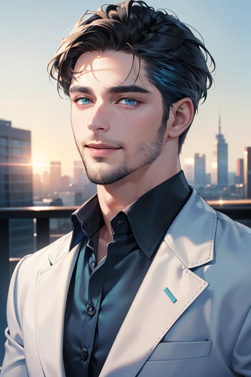 a handsome 35 year old man, 3 day beard, dark hair, sharp jawline, (mesmerizing blue eyes), perfectly styled hair, wearing cool anime outfitt, dynamic lighting, (CEO), (expression, smile in love), (best quality,4k,8k,highres,masterpiece:1.2),ultra-detailed,(realistic,photorealistic,photo-realistic:1.37)