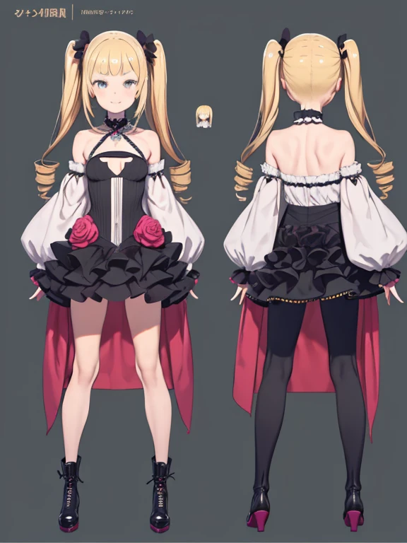 Character Sheet, Extremely detailed and realistic CG, colorful, masterpiece, Highest quality, Jewel-like eyes, One girl, alone, Blonde, Shiny Hair, Long twin tails, Drill Hair, thin, thin脚, black , Layered skirt, Luxury Boots, Amber Eyes, Flat Chest, Cleavage cutout, Grin, Are standing, Contrasting, tsurime, Monochrome background,