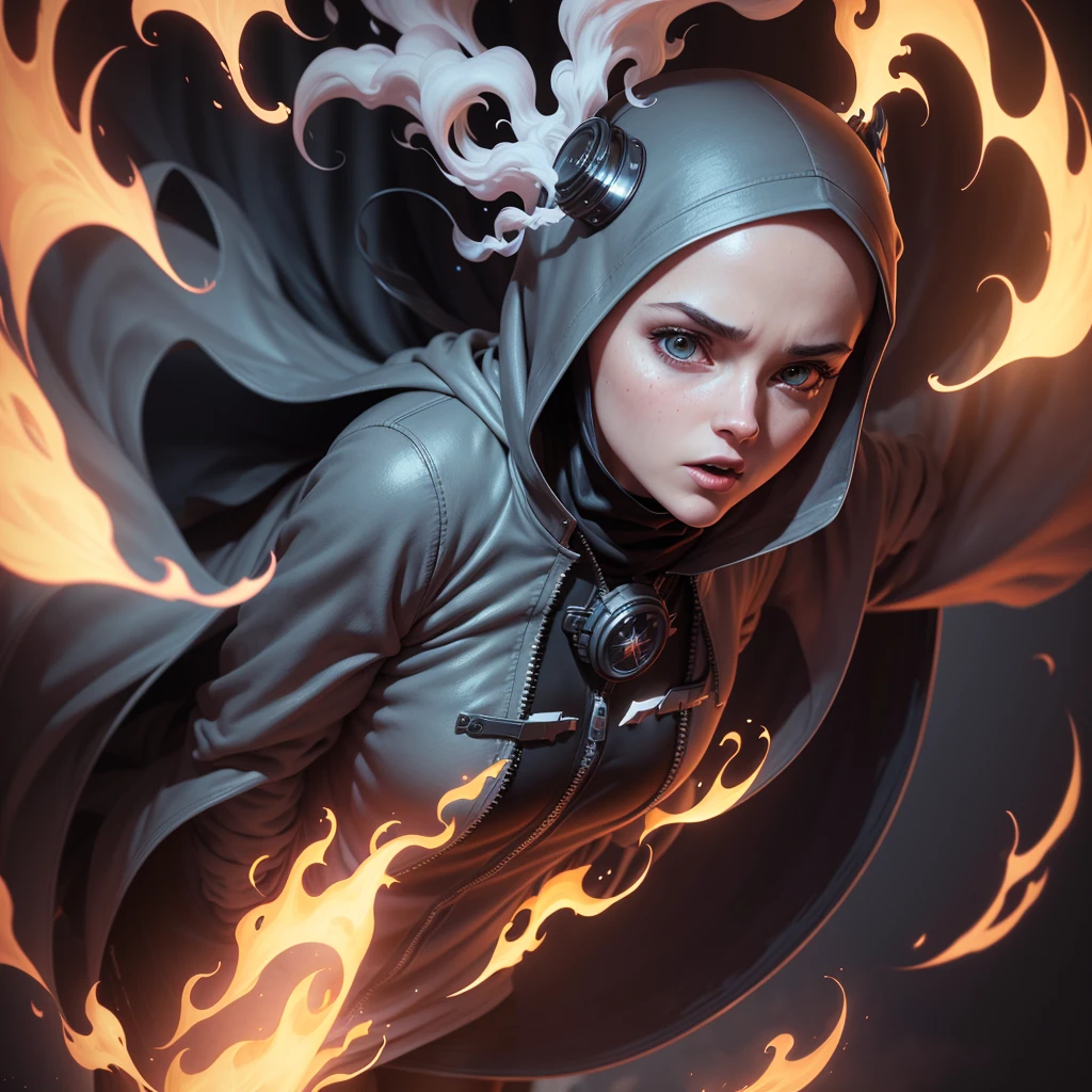 "White woman wearing a black hijab wearing a white zippered pink jacket, engulfed in flames, surrounded by billowing smoke, anime art, reminiscent of Greg Rutkowski's style combined with the magic of Studio Ghibli; Crazy attention to detail, subaquatic puzzles, Symmetrical arrangement, Masterpiece deconstructed sublime, Evoking dark and temperamental still life compositions, Ultra-realistic depictions, the start of Twilight, Powered by Unreal Engine."