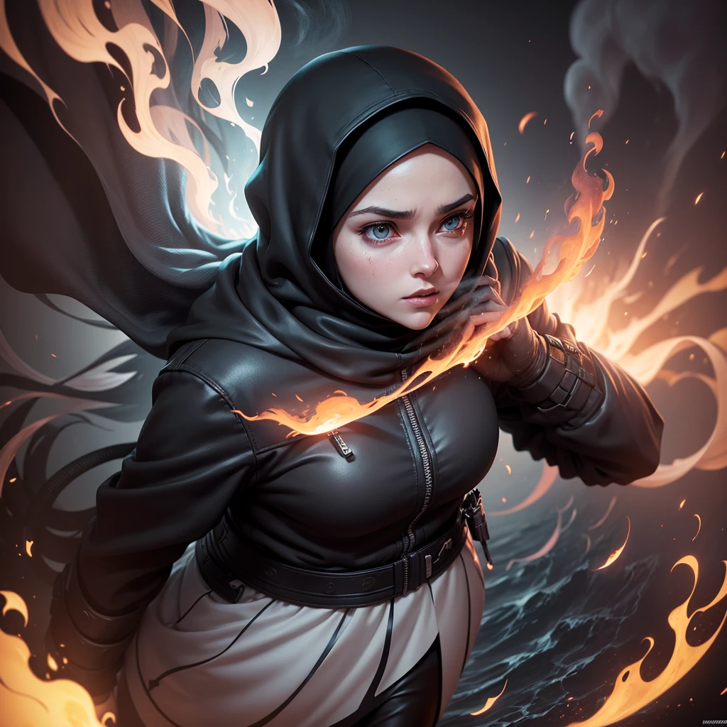 A Javanese hijab woman, brown batik long-sleeved shirt, long opened robes, hand holding a short sword, background explosion, night, jungle, heroic pose (masterpiece:1.2) (illustration:1.1) (best quality:1.2) (detailed) (intricate) (8k) (HDR) (wallpaper) (cinematic lighting) (sharp focus)