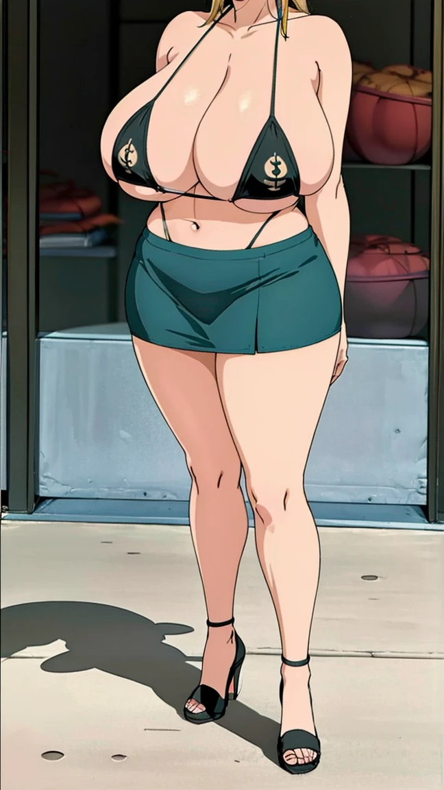 Big Breasts, Big Hips, Full Body Shot, Mature mother, Voluptuous thighs, ox, Seductive mature woman, Perfect body, Plus Size Model,, Wearing high heels,Tight mini skirt, Tsunade、Micro bikini top、Grinning face、Breasts overflowing from bikini、gigantic droopy tits cleavage