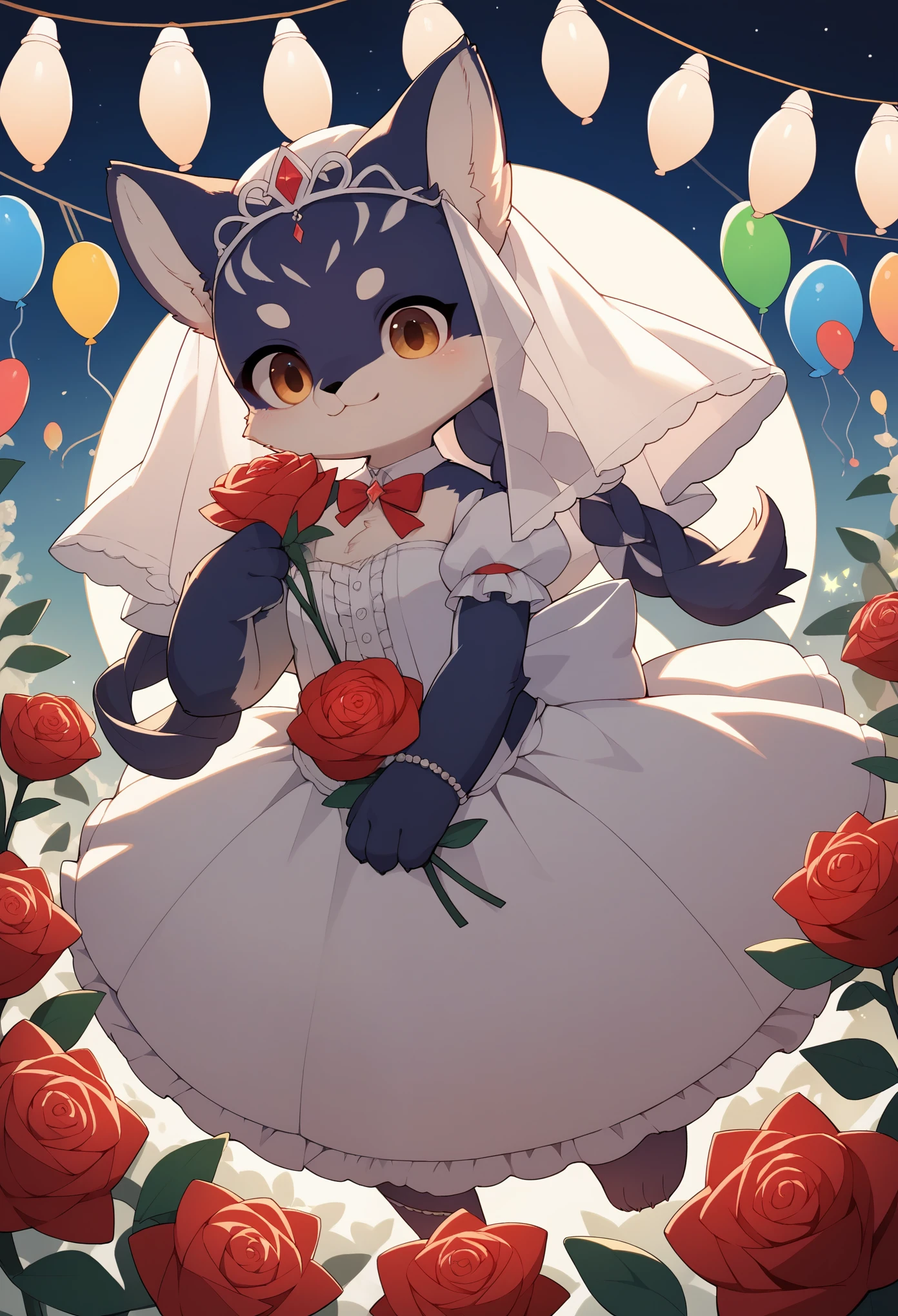 Two beautiful brides, kemono, furry, very detailed body fur, Cute white caravan with white and red roses, diamonds, lots of fairy lights, bunting, balloons, pretty, beautiful, vivid colors, Intricate, Highly detailed, Warm lighting, Sharp focus, beautiful starry sky, perfect composition, extreme camera angle,