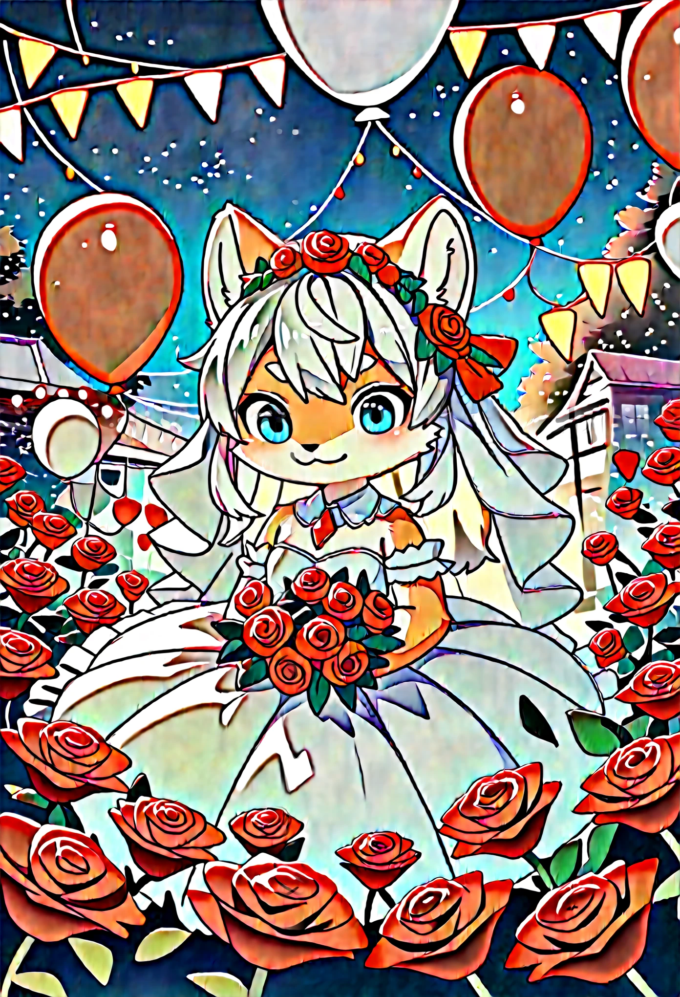 Two beautiful brides, kemono, furry, very detailed body fur, Cute white caravan with white and red roses, diamonds, lots of fairy lights, bunting, balloons, pretty, beautiful, vivid colors, Intricate, Highly detailed, Warm lighting, Sharp focus, beautiful starry sky, perfect composition, extreme camera angle,