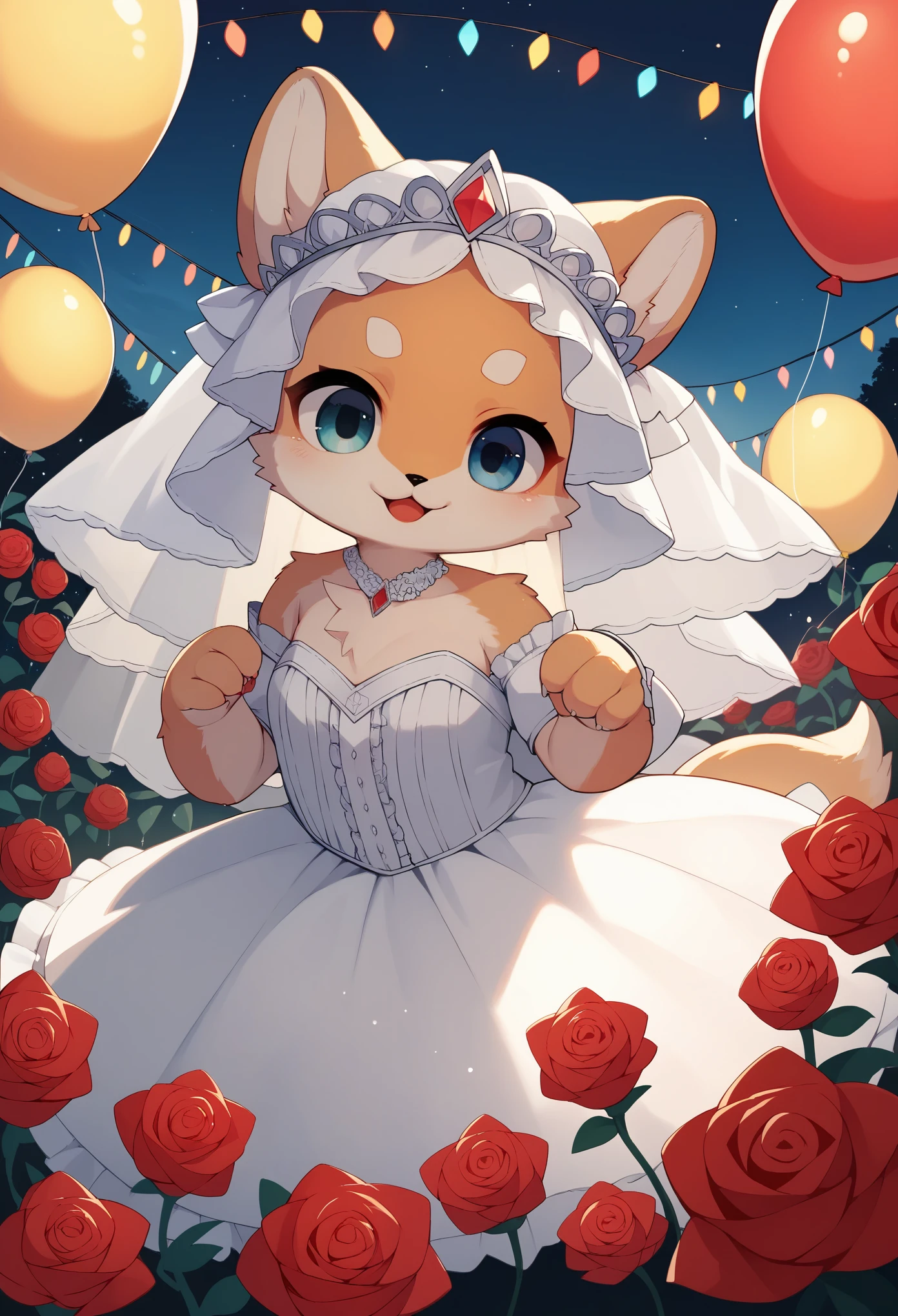 Two beautiful brides, kemono, furry, very detailed body fur, Cute white caravan with white and red roses, diamonds, lots of fairy lights, bunting, balloons, pretty, beautiful, vivid colors, Intricate, Highly detailed, Warm lighting, Sharp focus, beautiful starry sky, perfect composition, extreme camera angle,