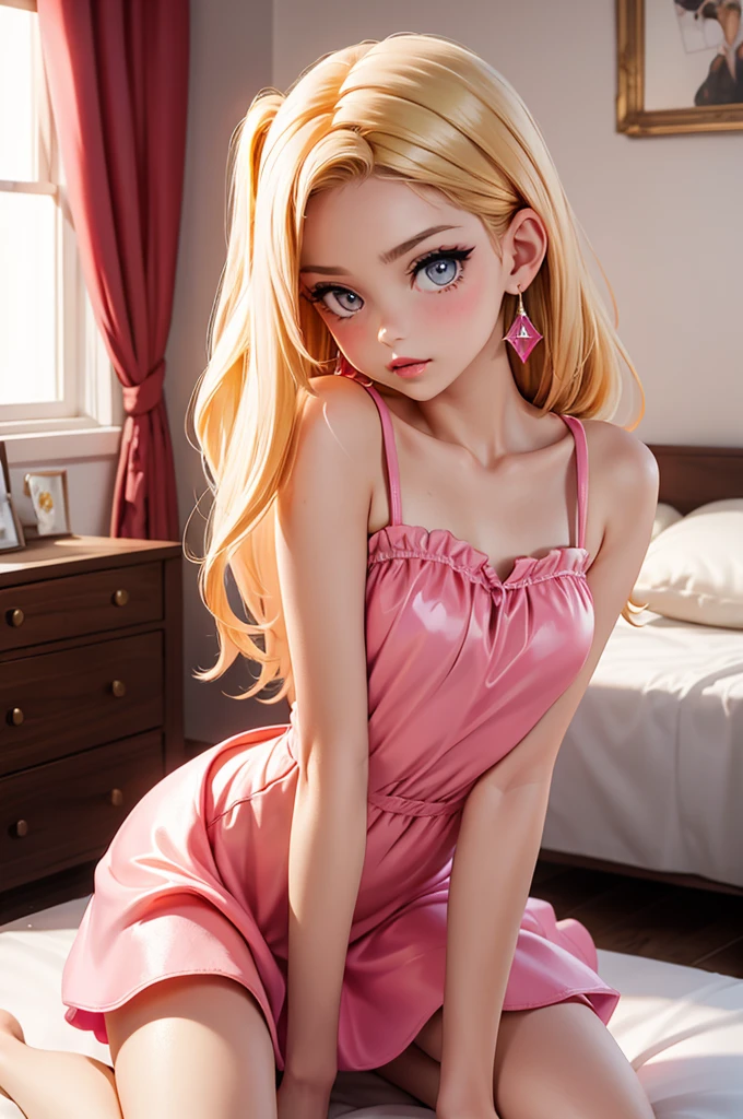 (bedroom) hyperrealistic 14 year old american teen, blonde, perfect tiny body, sexy, dark makeup, perfect slim face, big red lips, very cute face, tiny body, big eyes, young looking, childish looking, big earrings, pink latex dress
