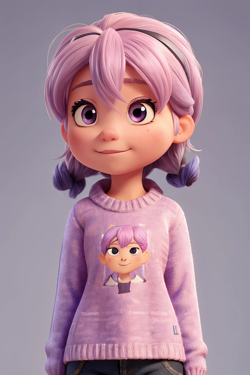  with gray skin color, lilac sweater pink hair with a mocking face 