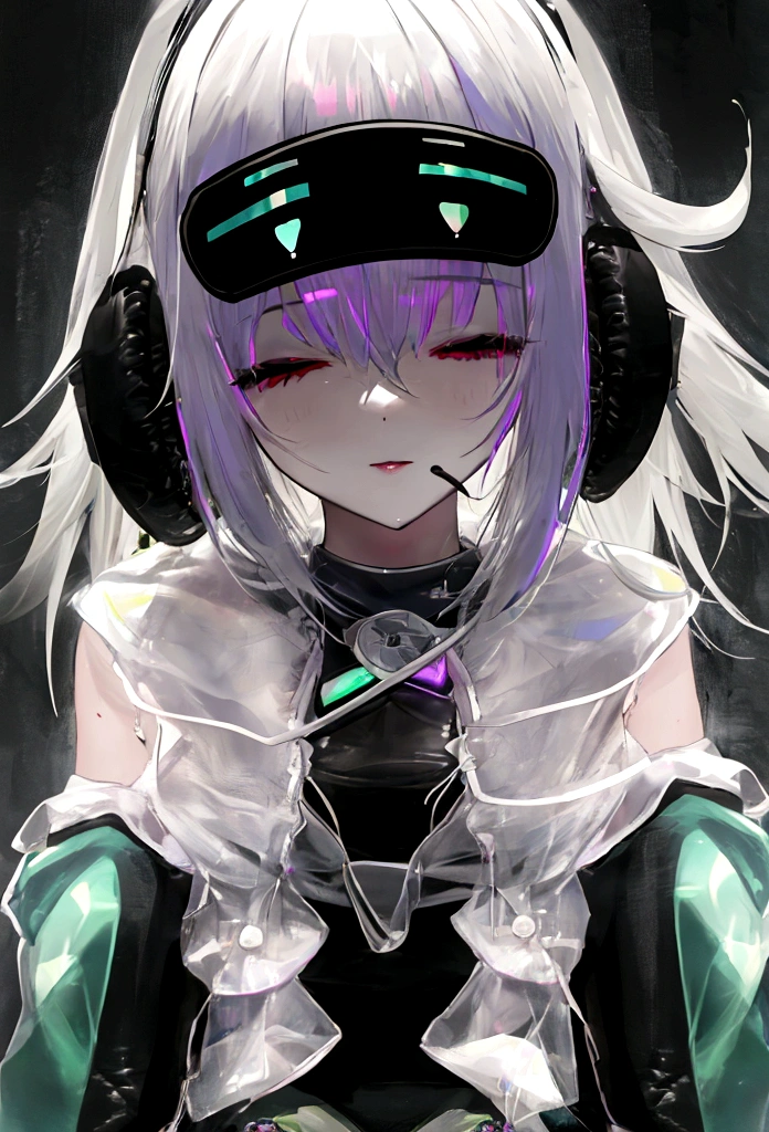 blindfolded young woman wearing headphones, glowing iridescent colors, only face in frame, thick fabric blindfold covering eyes