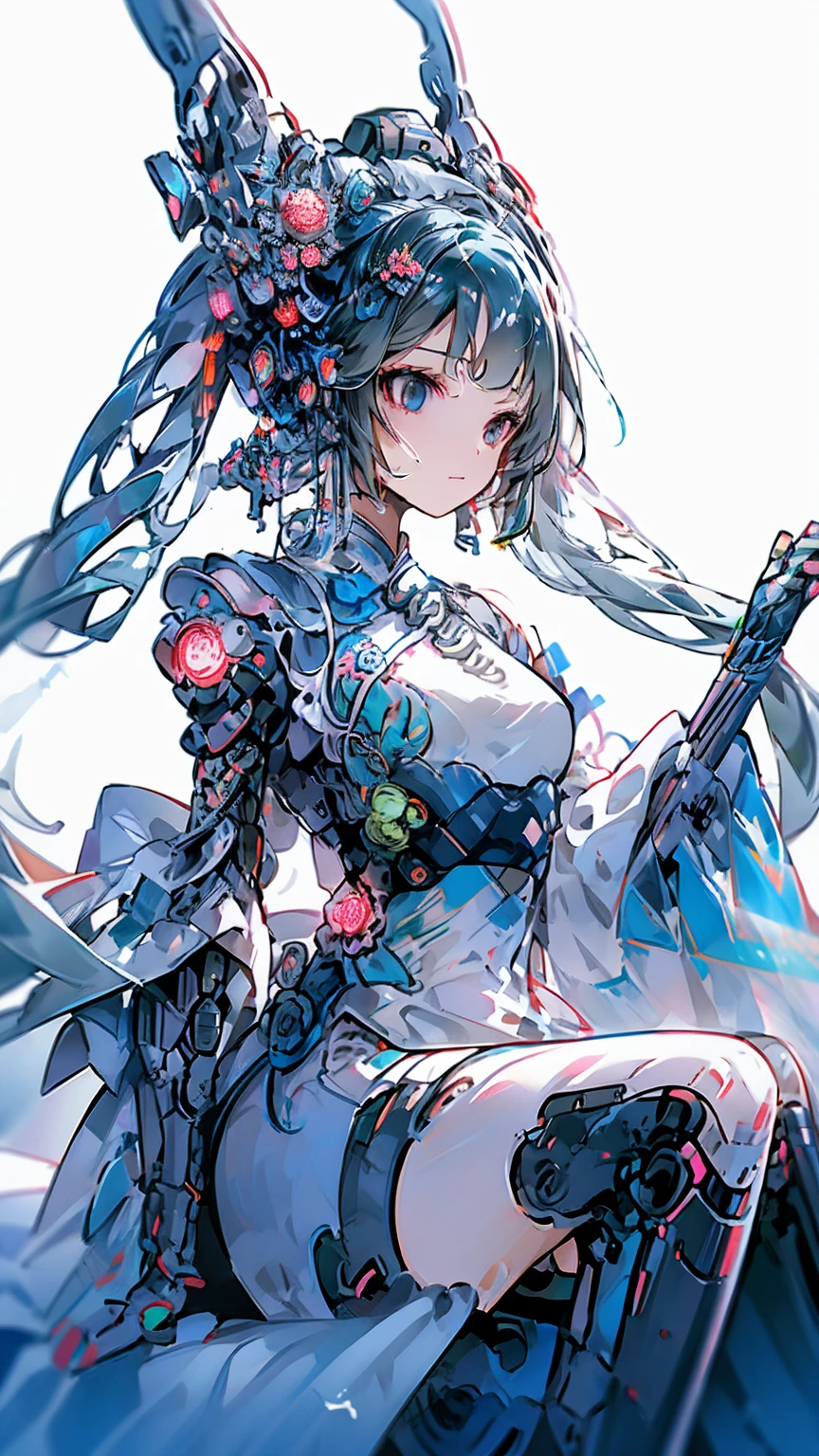 Hatsune Miku VOCALOID, 1 Girl, Chinese_Clothes, Sitting, White and pink,Cyber Hanfu, China dress, cyber punk city, Dynamic pose, Head ornament, hair ornaments, Long Hair, cyber punk, High-tech city, Full of machinery and futuristic elements, Futurism, technology