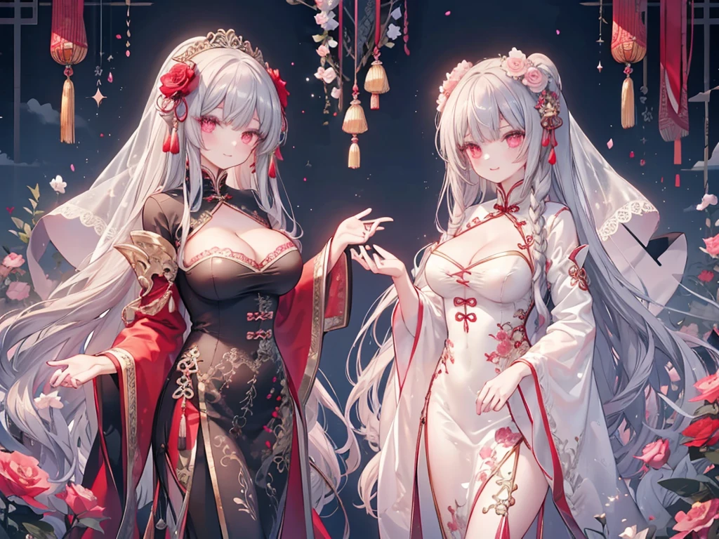 1 girl、Big Tits、Cleavage、bra、Red Chinese dress with lots of frills、Palaces in Chinese fantasy、Ribbons and lace、A glittering world、Gray Hair、Fluffy and soft long hair、Rose Quartz Eyes、Lace veil、Chinese clothing studded with jewels、smile