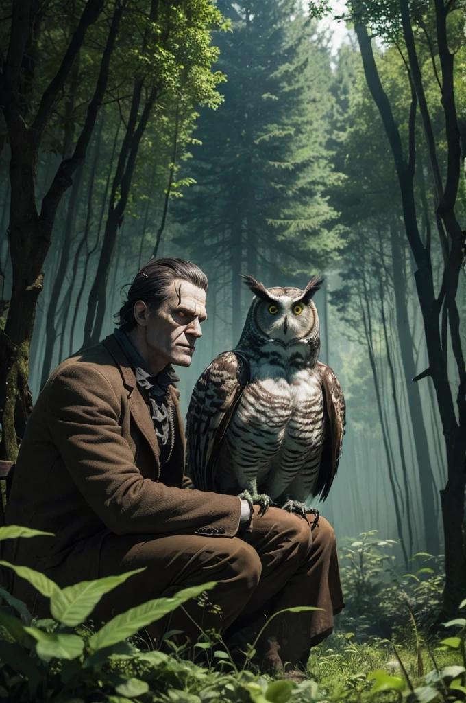 Frankenstein Monster sitting in the middle of a forest thinking and an owl on his shoulder