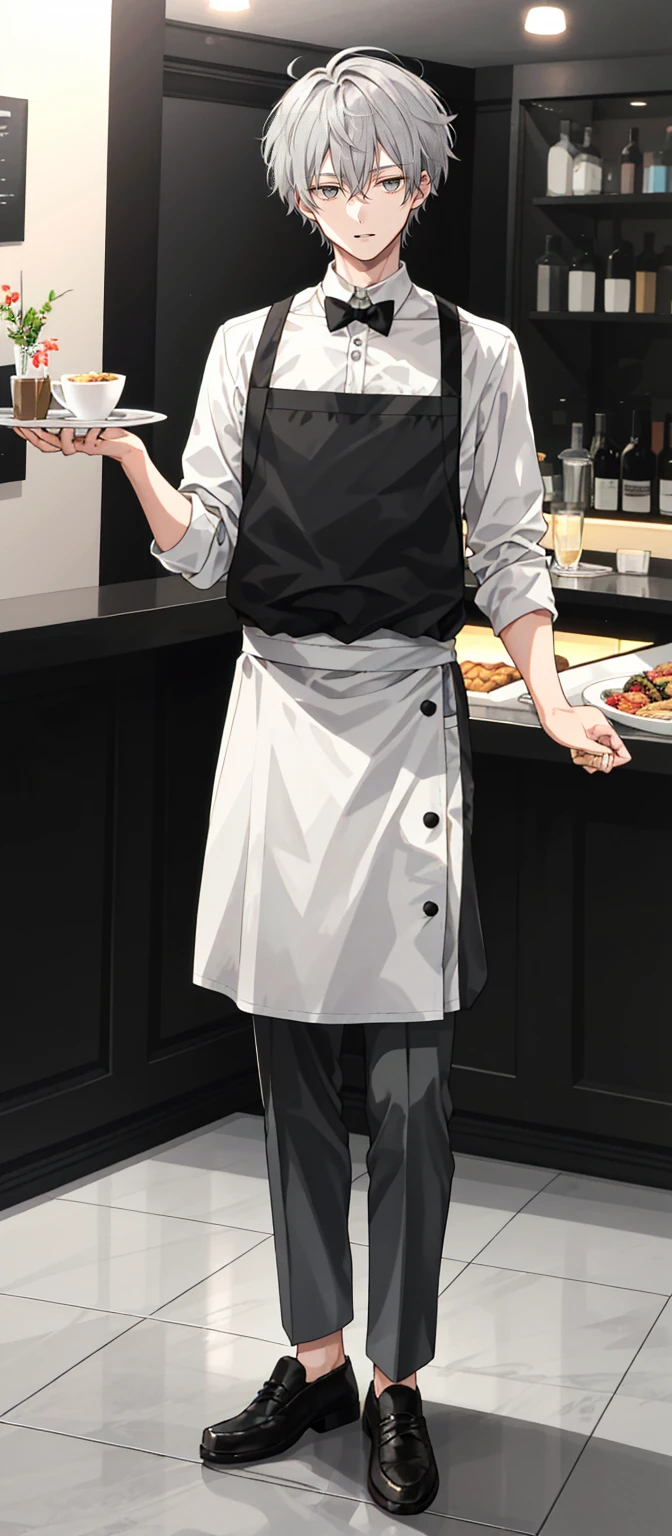 1 boy, 25 years old, full body, waiter, short hair, grey hair, messy hair, undercut,