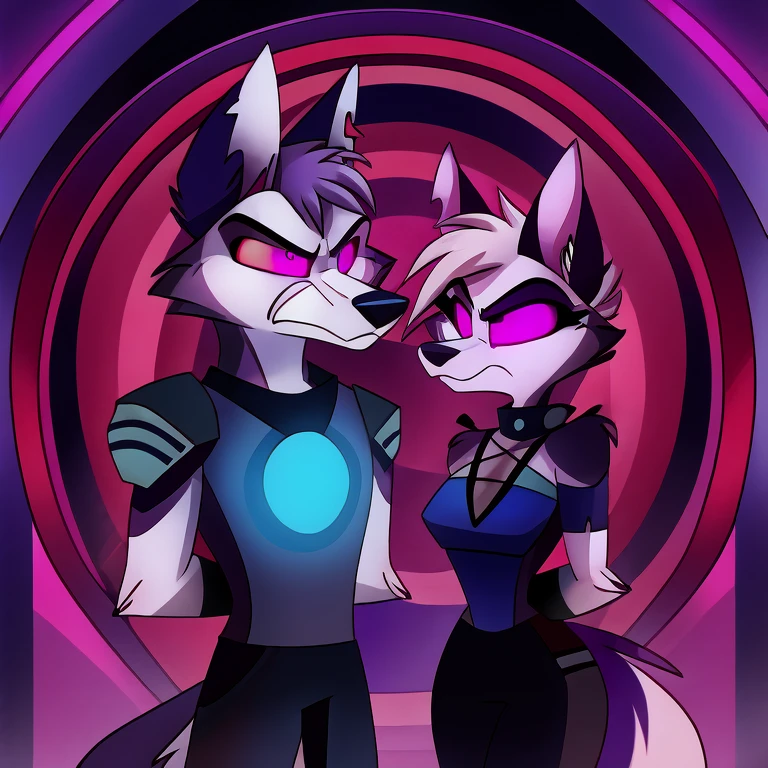 (masterpiece, best quality: 1.2), Vortex Hellhound, a bodyguard, wolf, furry, an amazing boss, hypnotized with glowing purple eyes, serious and angry face, wearing futuristic armor, arresting a female hellhound with normal eyes and scraed face, white fur, wearing civilian clothes, in futuristic room background