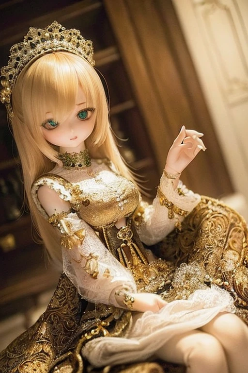 photorealistic, realistic photo, ((highest quality)), ((masterpiece)), (extremely detailed), kukolnydom, doll, (mature woman:1.7), solo, eye level shot, sitting on sofa, hands on knees, green eyes, (looking down, blank eyes, empty eyes, detailed eyes:1.3), (light smile), dress, museum, 8k