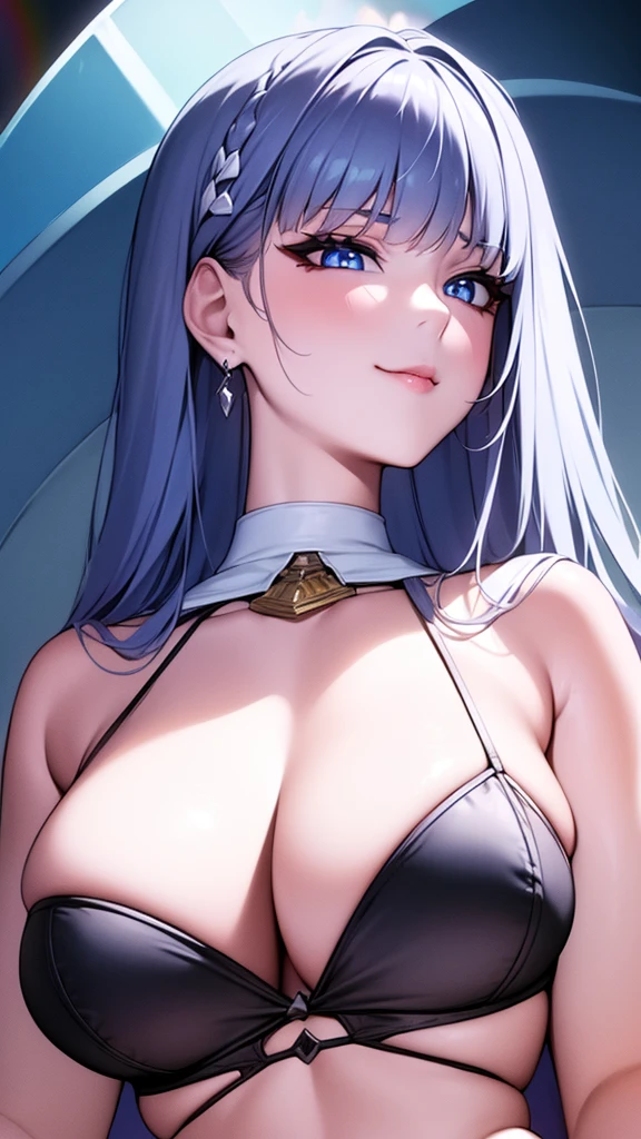 ((Masterpiece)), ((Best Quality)), (ultra detailed), ((extremely detailed)), 4k, (8k), Best Quality, (beautiful), animated style, look up from below, bar, evening, a pretty girl, 1 girl, Alone, It lasts, beautiful rainbow hair, beautiful blue eyes, ((beautiful eyes)), White skin, earrings, neck, SMILE