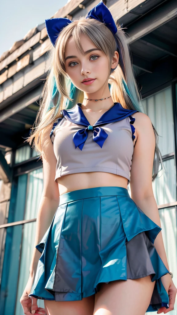 (((Details in Ultra HD quality, real-photo-realistic, ideal))), (morbid light:1.2), (Dynamic Angle), raw photo, (Hatsune Miku), YOUNG, beautiful, very thin, Skinny, blue fur, in highly detailed sailor suit, (ultra detailed body), sleeveless top, a short black skirt, (light smile:0.8), moonlight passing through hair, (beautiful random background:1.3), (sharp), Exposure Mix, bokeh, Luz outfit, High contrast, (muted colors, muted colors, calming tones:1.3), Low saturation, morbid