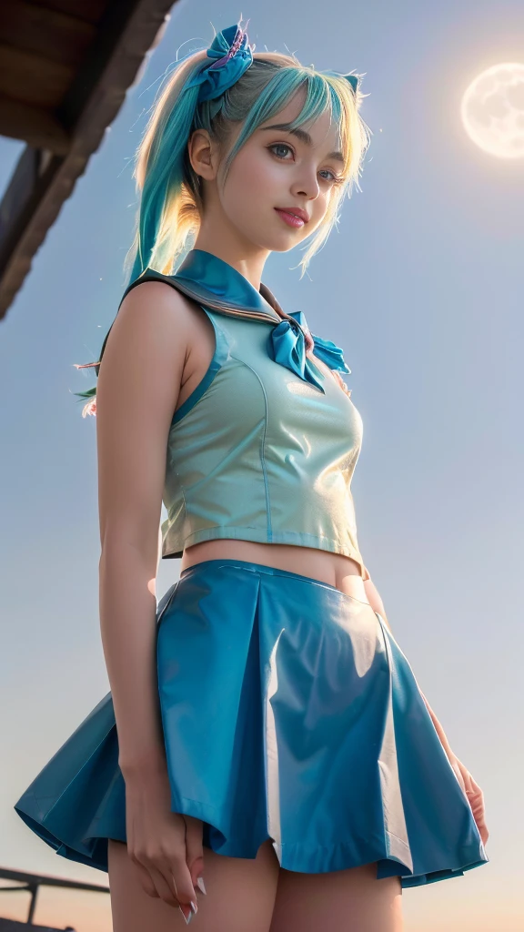 (((Details in Ultra HD quality, real-photo-realistic, ideal))), (morbid light:1.2), (Dynamic Angle), raw photo, (Hatsune Miku), YOUNG, beautiful, very thin, Skinny, blue fur, in highly detailed sailor suit, (ultra detailed body), sleeveless top, a short black skirt, (light smile:0.8), moonlight passing through hair, (beautiful random background:1.3), (sharp), Exposure Mix, bokeh, Luz outfit, High contrast, (muted colors, muted colors, calming tones:1.3), Low saturation, morbid