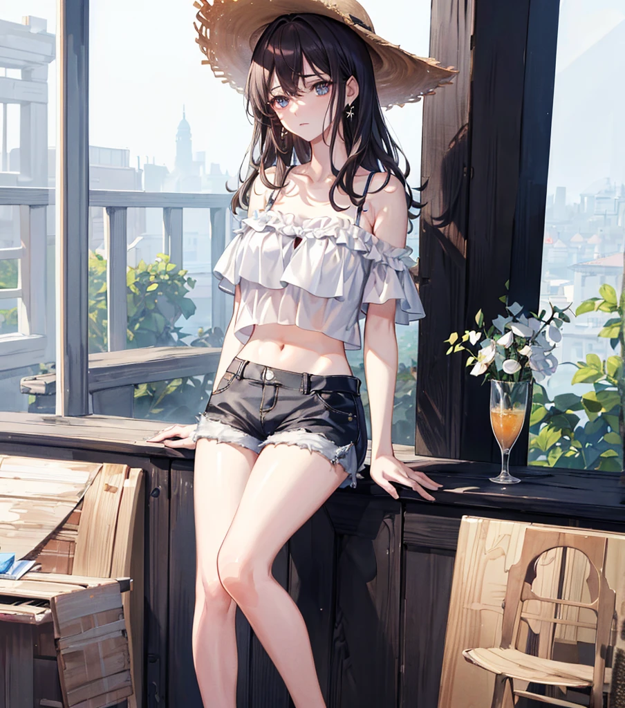 ((((absurdres, RAW photo, extremely delicate and beautiful, masterpiece, Best Quality, ultra high resolution, 32k, hyperrealistic, ultra-detailed)))), in her 20s, very Slim body, narrow waist, very small head, very small face, delicate facial features, beautiful face, beautiful eyes, ((very huge round tits)), medium hair, black hair, wavy hair, tearful mole, earring, ((full body shot)), casual, blouse, white shirt, buttoned shirt, bare shoulders, collarbone, midriff, navel, shorts, straw hat,
