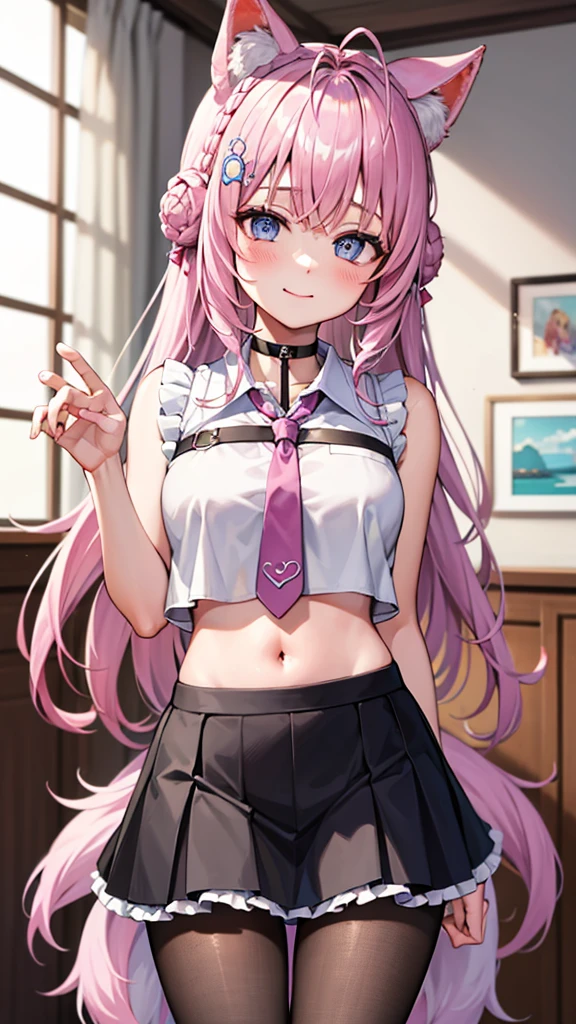 The Masterpiece,best qualiy,Hi-Res,standing a,DEF1,lora:Koyori-000015:1,Pink tie,tights,hairornaments,lilac eyes,One-sided braid,smiles,1girl, animal ear fluff, animal ears, arm behind back, bangs, black choker, black skirt, blue eyes, blush, braid, braided bun, breasts, brown pantyhose, choker, closed mouth, cowboy shot, (pose), crown braid, double bun, frilled skirt, frills, hair bun, hair ornament, hakui koyori, indoors, long hair, medium breasts, midriff, Miniskirt, navel, necktie, pantyhose, pink hair, pink necktie, shirt, skirt, sleeveless, sleeveless shirt, smile, 独奏, standing, tail, hite shirt, wolf ears, Wolf tail, masterpiece,highres,best quality, masterpiece, best quality, ultra-detailed,Covered in white milk、Bathed in white milk、