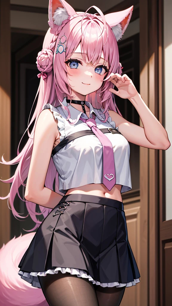 The Masterpiece,best qualiy,Hi-Res,standing a,DEF1,lora:Koyori-000015:1,Pink tie,tights,hairornaments,lilac eyes,One-sided braid,smiles,1girl, animal ear fluff, animal ears, arm behind back, bangs, black choker, black skirt, blue eyes, blush, braid, braided bun, breasts, brown pantyhose, choker, closed mouth, cowboy shot, (pose), crown braid, double bun, frilled skirt, frills, hair bun, hair ornament, hakui koyori, indoors, long hair, medium breasts, midriff, Miniskirt, navel, necktie, pantyhose, pink hair, pink necktie, shirt, skirt, sleeveless, sleeveless shirt, smile, 独奏, standing, tail, hite shirt, wolf ears, Wolf tail, masterpiece,highres,best quality, masterpiece, best quality, ultra-detailed,Covered in white milk、Bathed in white milk、