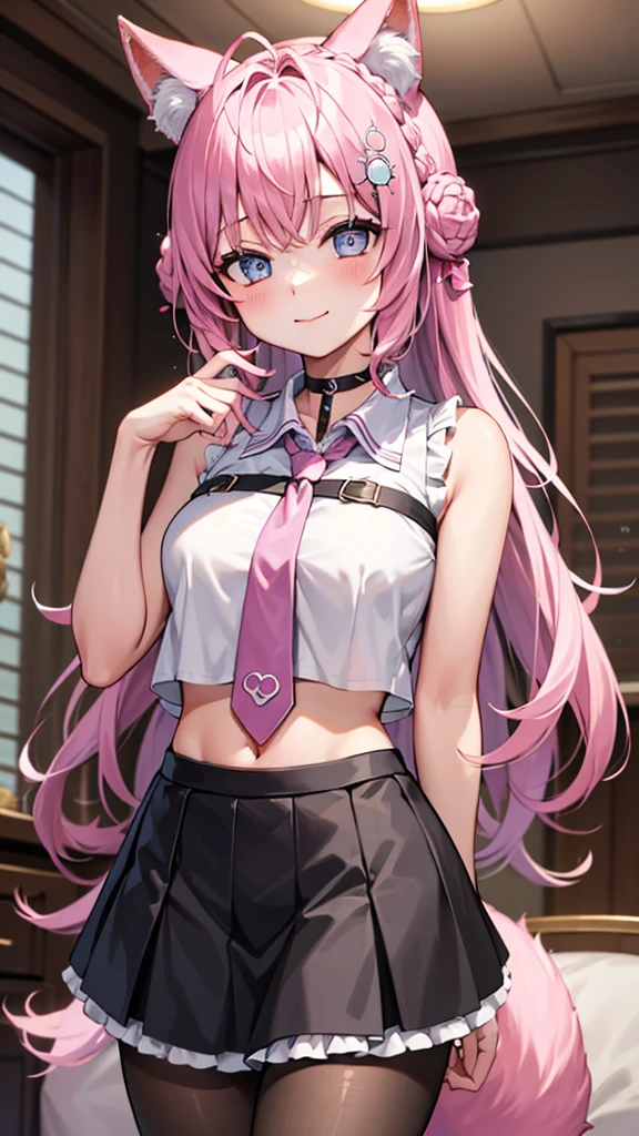 The Masterpiece,best qualiy,Hi-Res,standing a,DEF1,lora:Koyori-000015:1,Pink tie,tights,hairornaments,lilac eyes,One-sided braid,smiles,1girl, animal ear fluff, animal ears, arm behind back, bangs, black choker, black skirt, blue eyes, blush, braid, braided bun, breasts, brown pantyhose, choker, closed mouth, cowboy shot, (pose), crown braid, double bun, frilled skirt, frills, hair bun, hair ornament, hakui koyori, indoors, long hair, medium breasts, midriff, Miniskirt, navel, necktie, pantyhose, pink hair, pink necktie, shirt, skirt, sleeveless, sleeveless shirt, smile, 独奏, standing, tail, hite shirt, wolf ears, Wolf tail, masterpiece,highres,best quality, masterpiece, best quality, ultra-detailed,Covered in white milk、Bathed in white milk、