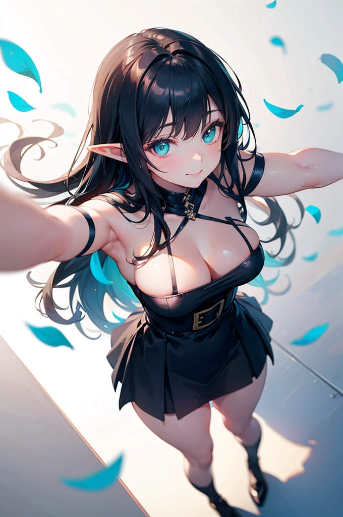 realistic image, detailed image, coherent image, 1 beautiful elf, she has very long hair, black hair, turquoise eyes, smiling, She is wearing a dress, showing her legs, She has a curvy body, medium breasts and thick thighs , She is sitting, posing sensually, arching her back, sprouting breasts, full body view, view from above, flower petals falling around, background surrounded by flowers, Soft focus, Dramatic shadows, Volumetric lighting, natural lighting, illumination artificial, white background, soft background,bzyyzg \(manaka nemu\)