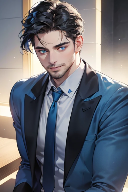 a handsome 35 year old man, 3 day beard, dark hair, sharp jawline, (mesmerizing blue eyes), perfectly styled hair, wearing cool anime outfitt, dynamic lighting, (CEO), (expression, smile in love), (best quality,4k,8k,highres,masterpiece:1.2),ultra-detailed,(realistic,photorealistic,photo-realistic:1.37)