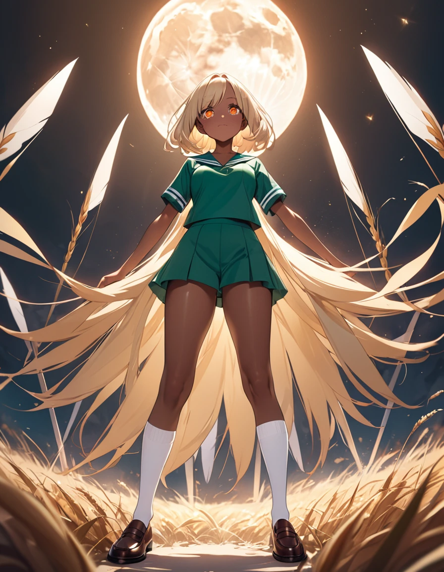 Highest quality, masterpiece, Ultra-high resolution, One girl,

Blonde、Smooth Hair、Two-tone hair、Bobcut、Red Eyes、Sparkling Eyes、Detailed eyes、Slanted Eyes、Tanned, wheat-colored skin、Brown Skin、Chocolate skin、Traditional deep green sailor suit、White socks、loafers、whole body、Low - Angle、Fanning angles、Big Moon、Fantasy、Standing with your legs apart、Arms crossed、Confident expression
