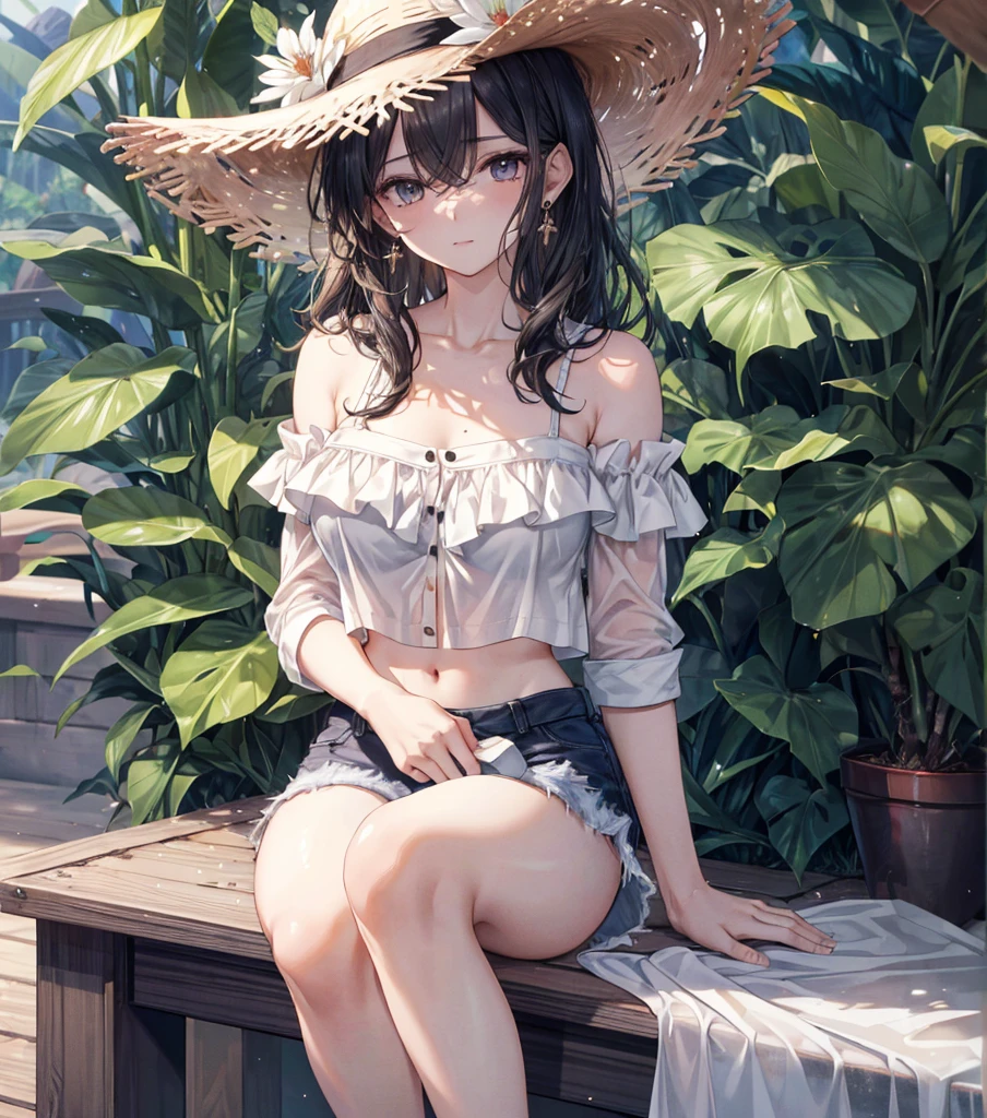 ((((absurdres, RAW photo, extremely delicate and beautiful, masterpiece, Best Quality, ultra high resolution, 32k, hyperrealistic, ultra-detailed)))), in her 20s, very Slim body, narrow waist, very small head, very small face, delicate facial features, beautiful face, beautiful eyes, (((very huge round tits))), medium hair, black hair, wavy hair, tearful mole, earring, full body shot, buttoned shirt, bare shoulders, collarbone, midriff, shorts, straw hat,