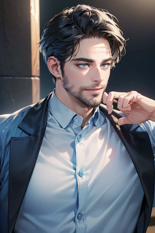 a handsome 35 year old man, 3 day beard, dark hair, sharp jawline, (mesmerizing blue eyes), perfectly styled hair, wearing cool anime outfitt, dynamic lighting, (CEO), (expression, smile in love), (best quality,4k,8k,highres,masterpiece:1.2),ultra-detailed,(realistic,photorealistic,photo-realistic:1.37)