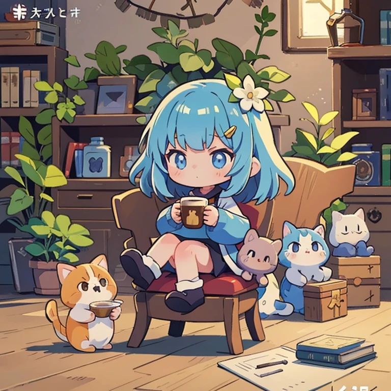 Little mascots, Anime girl sitting on a chair with a coffee cup in her hand, Alchemist Girl, Light novel cover, Official Art, Epic light novel art cover, Official Artwork, epic Light novel cover, change, isekai, small curve change, Kushat Wreath, Kshat Krentz Key Art Feminine, Shadowverse Style, Moe Dwarf,