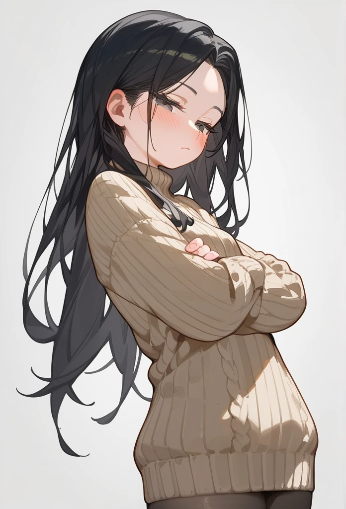 score_9, score_8_up, score_7_up, 1girl, woman, long hair, black hair, parted bangs, light black eyes, small breasts, innexpressive, beige sweater, blushing, narrowed eyes, closed mouth, standing, crossed arms, side view, thigh-high pantyhose, below view, upper body, masterpiece, best quality, white background