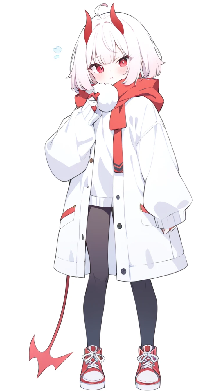 Teenage girl, devil girl, little red horns, white hair, short fluffy hair, big red eyes, pale skin, blushing cheeks, red cheeks, white and black coat, black pants, white background, full body