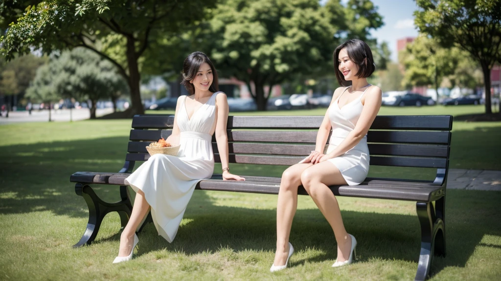 最high quality, In 8K, Masseter region, Vibrant, Sharp focus, high quality, High resolution, Detailed face, fine grain, Thick lips, (Looking at the audience), alone, Beautiful woman, 28 years old, Japanese women, (Short black hair:1.4), Lunch break、Large city park、Green Grass、(sitting on a park bench:1.3)、(Full body photo:1)、(White Formal Dress:1.5)、(Knee length dresses:1.5)、(Black pumps:1.5)、(Red lipstick:1)、(smile:1.3)、(Standard body type)、(B cup breasts)