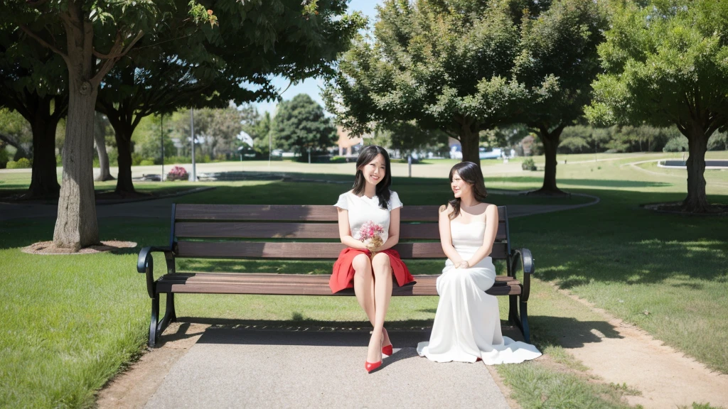 最high quality, In 8K, Masseter region, Vibrant, Sharp focus, high quality, High resolution, Detailed face, fine grain, Thick lips, (Looking at the audience), alone, Beautiful woman, 28 years old, Japanese women, (Short black hair:1.4), Lunch break、Large city park、Green Grass、(sitting on a park bench:1.3)、(Full body photo:1)、(White Formal Dress:1.5)、(Knee length dresses:1.5)、(Black pumps:1.5)、(Red lipstick:1)、(smile:1.3)、(Standard body type)、(B cup breasts)