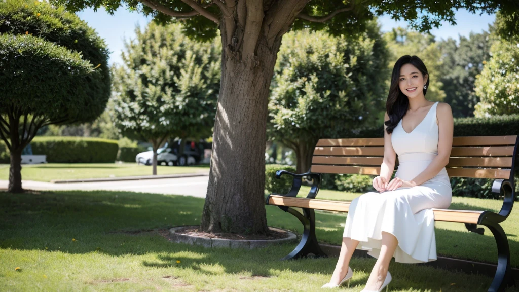 最high quality, In 8K, Masseter region, Vibrant, Sharp focus, high quality, High resolution, Detailed face, fine grain, Thick lips, (Looking at the audience), alone, Beautiful woman, 28 years old, Japanese women, （Short black hair:1.4）, Lunch break、Large city park、Green Grass、（sitting on a park bench:1.3）、（Full body photo:1）、（White Formal Dress:1.5）、（Knee length dresses:1.5）、（Black pumps:1.5）、（Red lipstick:1）、（smile:1.3）、（Standard body type）、（B cup breasts）