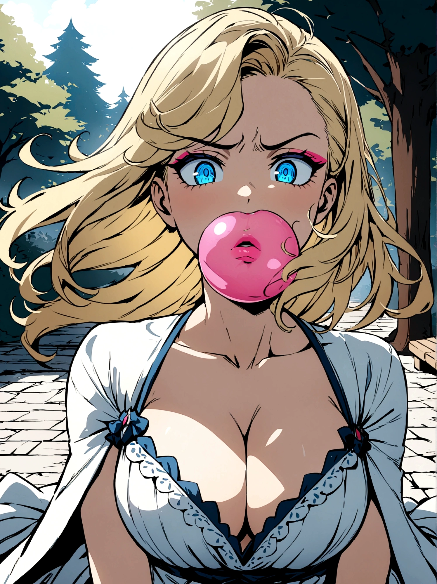 Anime art style, Spoiled brat, blond hair, perfect hair, blue eyes, chic and expensive clothes, magnificent white dress, blowing pink gum, look of superiority, cleavage, daddy's girl park background, stone floor, wooden bench, large trees, hair floating in the wind, upper body view, majestic make up, majestic face, highres, ultra-detailed, (best quality,4k,highres,masterpiece),subdued colors, vivid colors, professional lighting, detailed lips, detailed eyes.