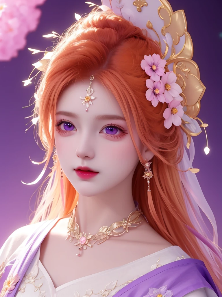 best quality, masterpiece, High target, There is a girl with a basket of flowers on her head, beautiful clothes, Hair Decorationss, necklace, Decorations, Pretty Face, When the body, Tyndall effect, Realistic Portraits, Edge lighting, Two-color light, (Very delicate skin:1.2), 8K uhd, Digital SLR Camera, Soft Light, high quality, Volumetric Lighting, Honest, photo, high resolution, 4K, 8K, Bokeh, Orange hair,purple hair ends, Pink Eyes.