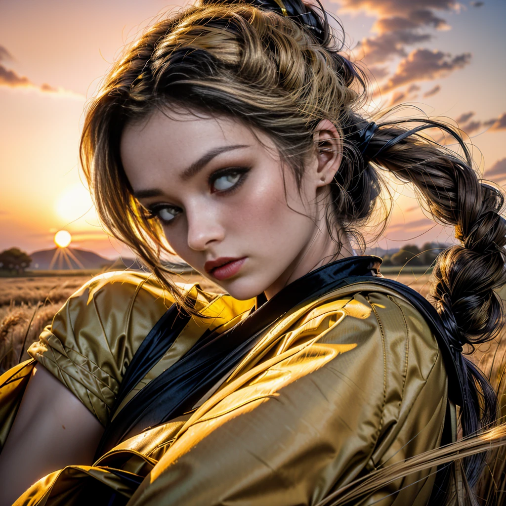 A girl in a kimono with a blank look stands waist-deep in a field of wheat, a black kimono with gold edges, her hair is tied in a ponytail, yellow eyes, the sunset is reflected in her eyes, the light falls on her face, half-sideways to the camera