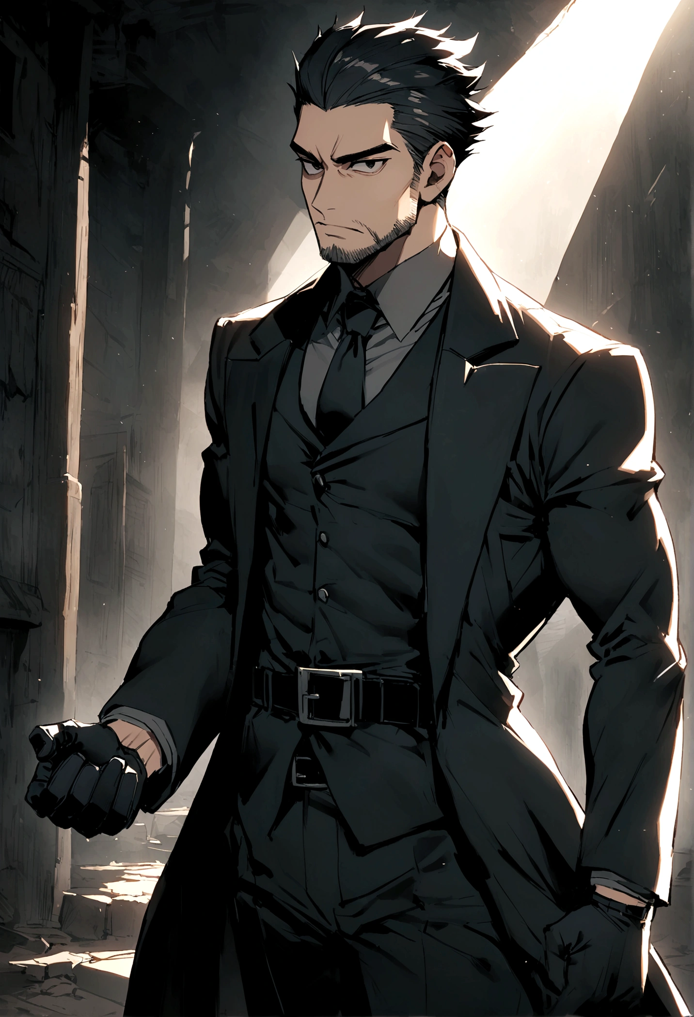 masculine man, high , muscular , with full black suit and open black trench coat , short black hair combed back and black eyes , black belt and black gloves ,Delgado , poca barba negra ,24 years old