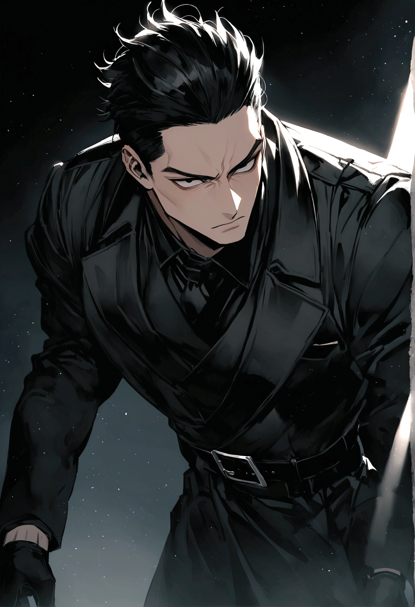 masculine man, high , muscular , with full black suit and open black trench coat , short black hair combed back and black eyes , black belt and black gloves ,Delgado , poca barba negra ,24 years old