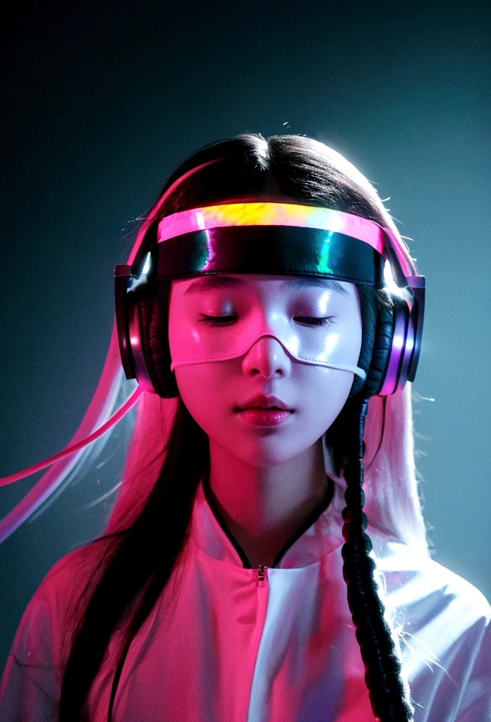 blindfolded young woman wearing headphones, glowing iridescent colors, only face in frame, thick fabric blindfold covering eyes