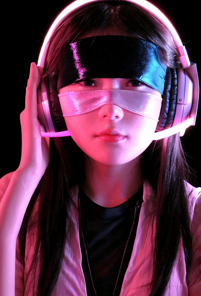 blindfolded young woman wearing headphones, glowing iridescent colors, only face in frame, thick fabric blindfold covering eyes